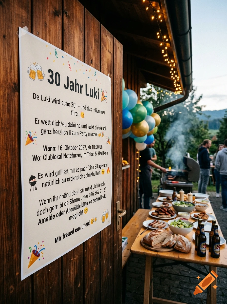A poster on a wooden door announcing a 30th birthday party, with a buffet table and balloons in the background.