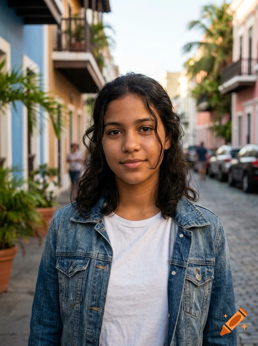 Photorealistic portrait of a young Puerto Rican woman with dark curly hair wearing a denim jacket on a colonial street.