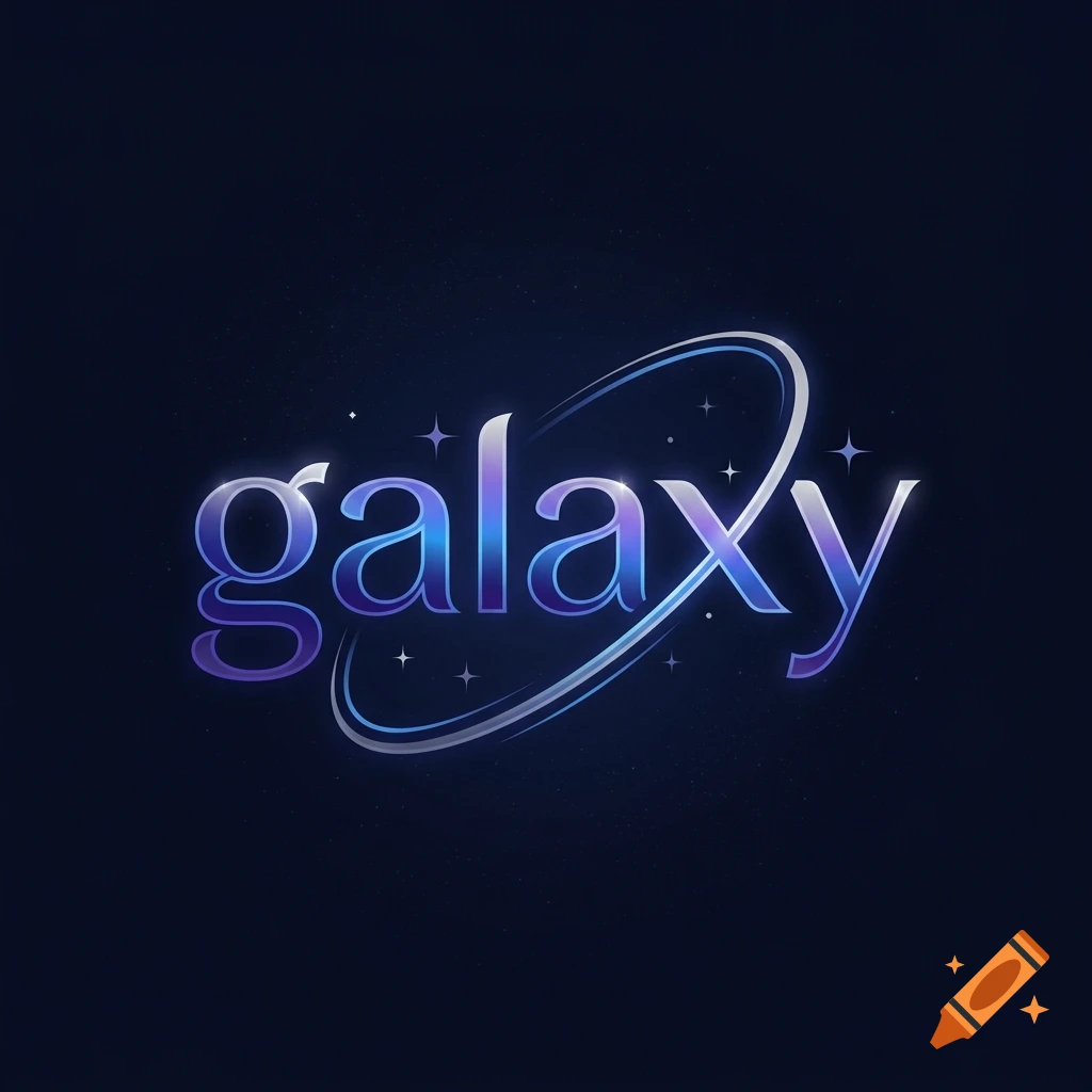 A stylized blue and purple glowing logo reading 'galaxy' with an orbital ring and small stars on a dark background.