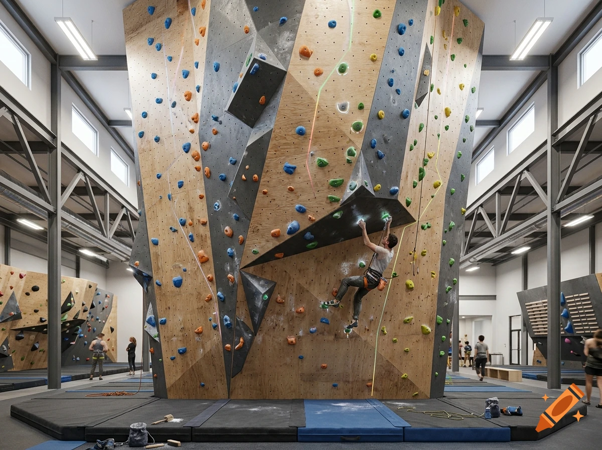 Photorealistic view of a large climbing gym with a complex wooden climbing wall and holds, with a climber on the wall.