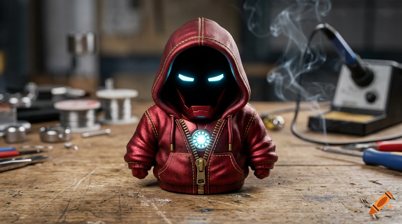 Macro photorealistic shot of an Iron Man designer art toy prototype in a red hoodie with glowing cyan eyes and arc reactor on a wooden workbench.