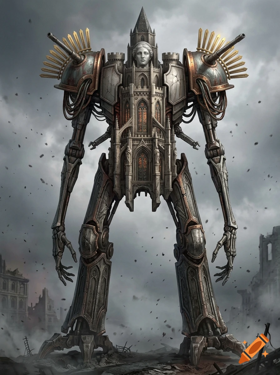 Concept art of a colossal gothic mecha with a cathedral torso and a serene marble face, standing in a ruined city under a cloudy sky.