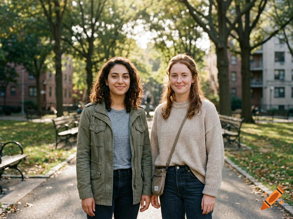 Photorealistic image of two young women standing on a pathway in a park, surrounded by trees and buildings.