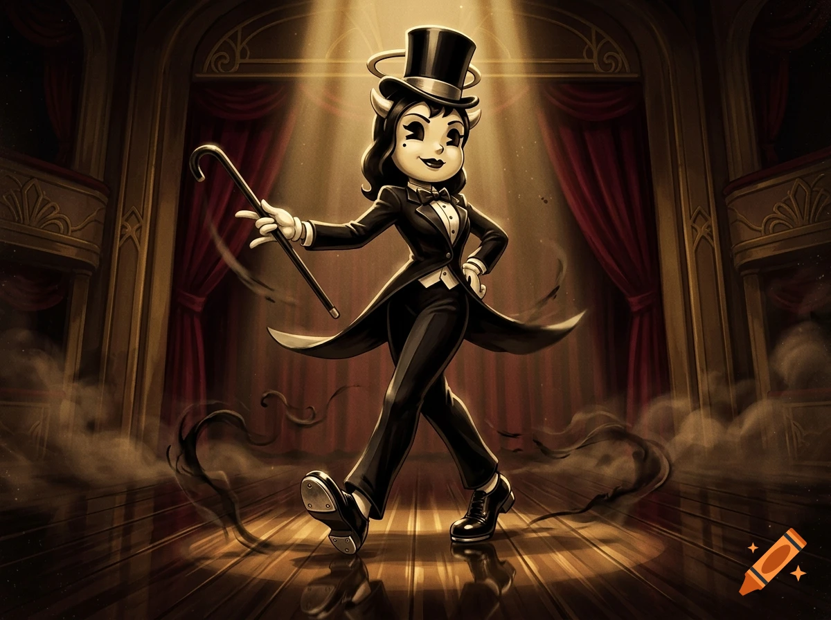 Alice Angel from Bendy and the Ink Machine wearing a top hat and tuxedo, tap dancing on a stage in a vintage cartoon style.