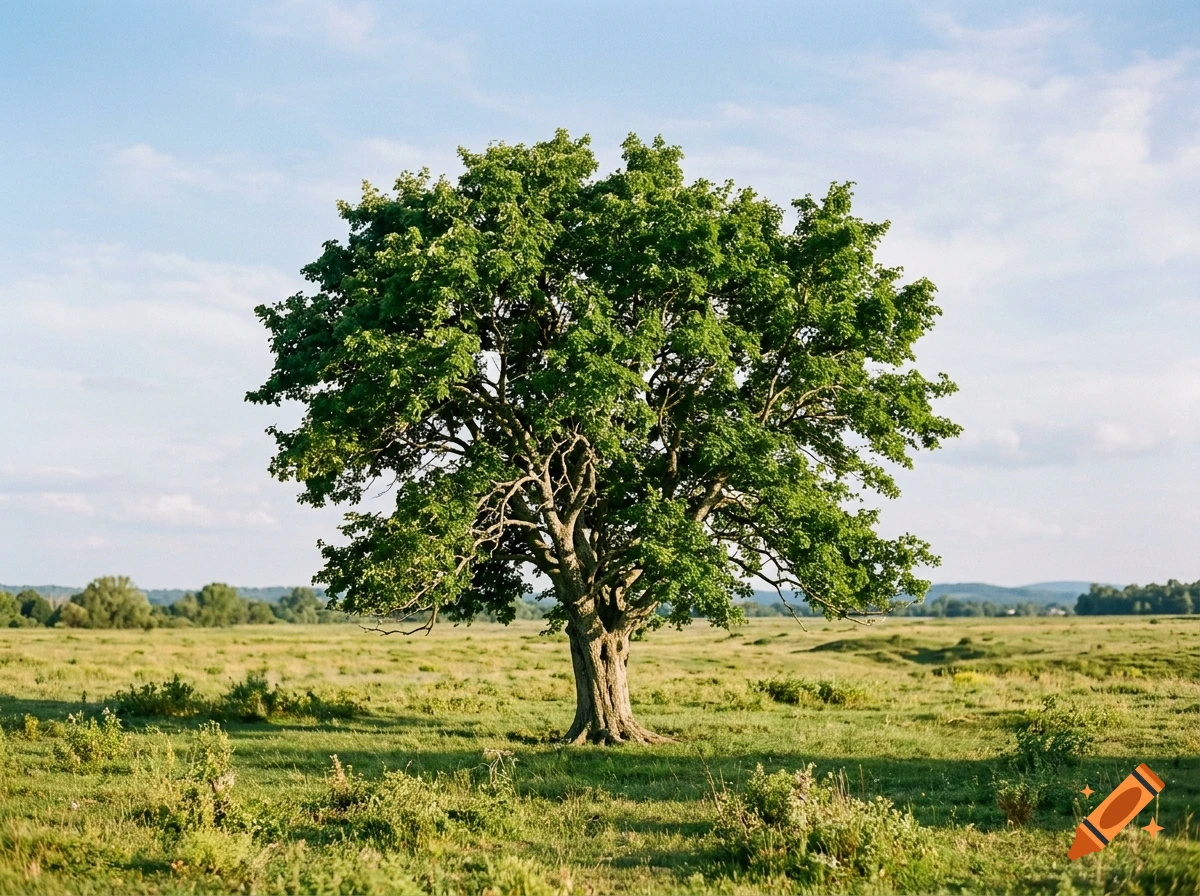 A large green tree standing alone in the middle of a grassy field under a blue sky, photorealistic.