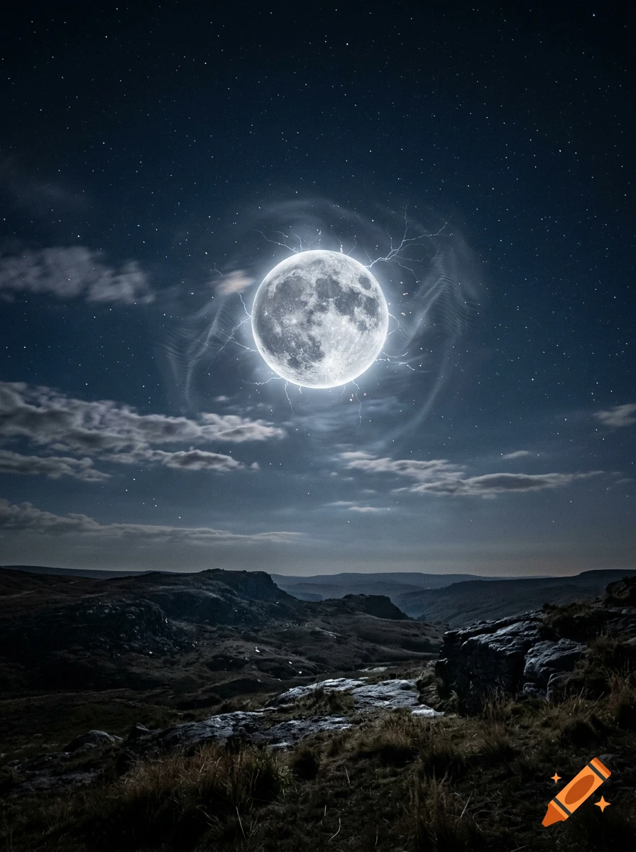 A full moon with electric sparks and swirling clouds glows in a starry night sky over a rugged, dark mountainous landscape.