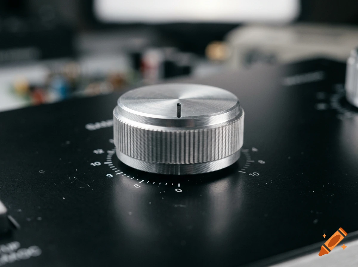 Close-up of a metallic rotary knob on a black audio mixing console, showing numbered markings around the dial.
