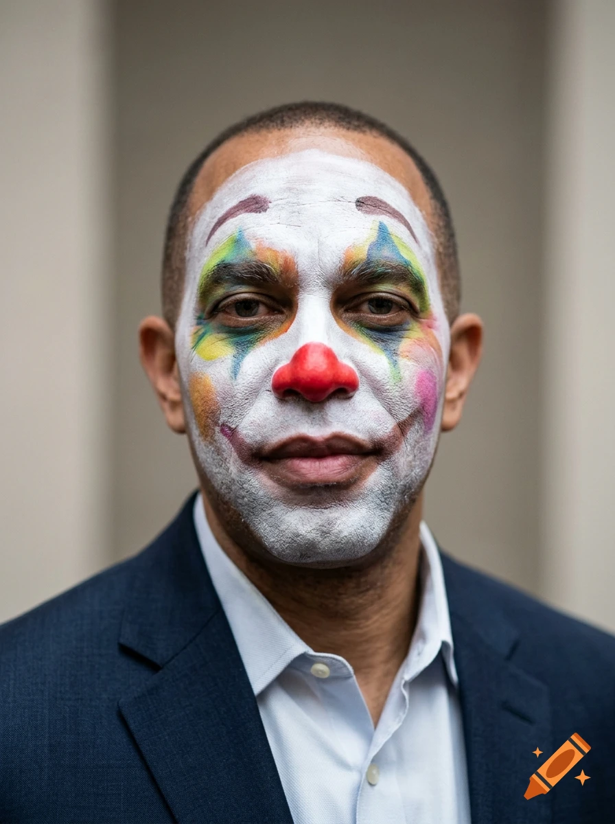 Photorealistic portrait of a man with clown face paint and a red clown nose, wearing a suit jacket.