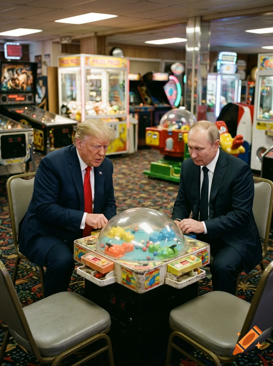 Donald Trump and Vladimir Putin seated across from each other playing a tabletop game in an arcade.