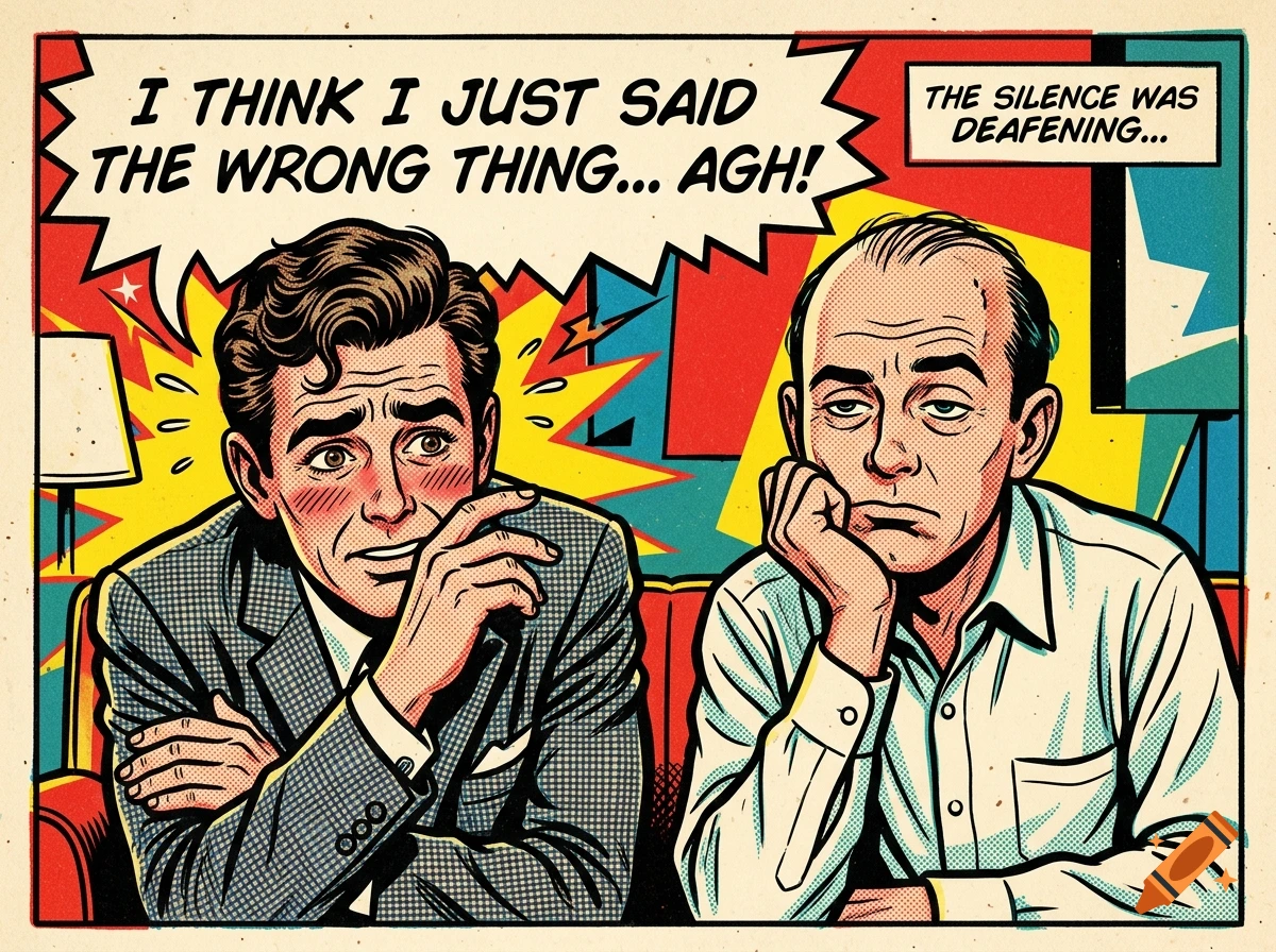 Retro 1960s pop art comic illustration of two men on a couch, one embarrassed and the other bored, with speech bubbles.