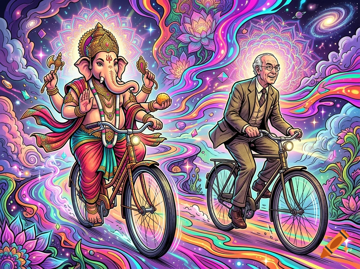 Ganesha and a man in a suit ride bicycles side-by-side through a surreal, vibrant psychedelic landscape filled with glowing mandalas, lotus flowers, and swirling nebulas.