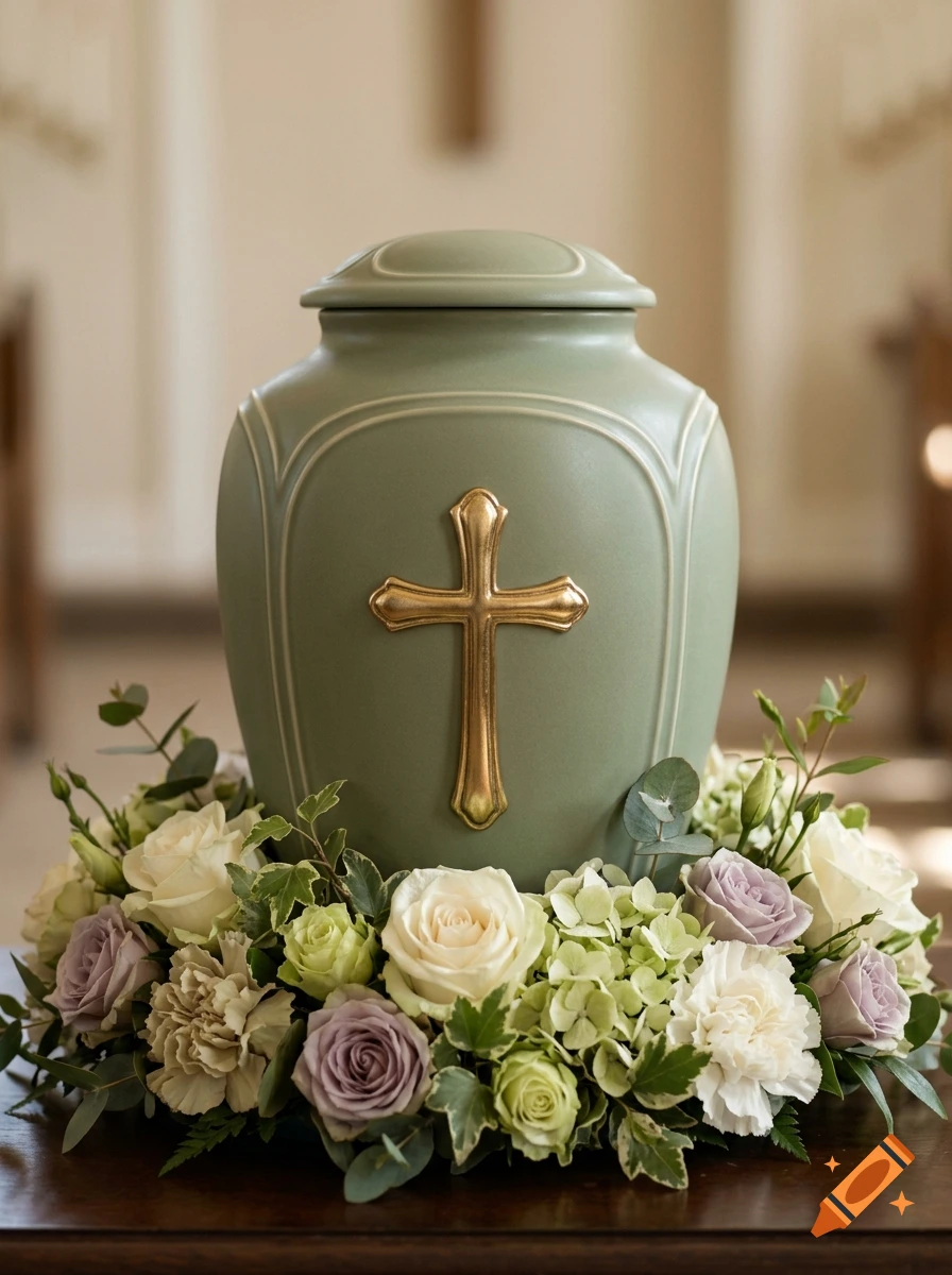 A sage green urn with a golden cross emblem, surrounded by a floral wreath of white and light purple roses and greenery, sitting on a wooden surface.