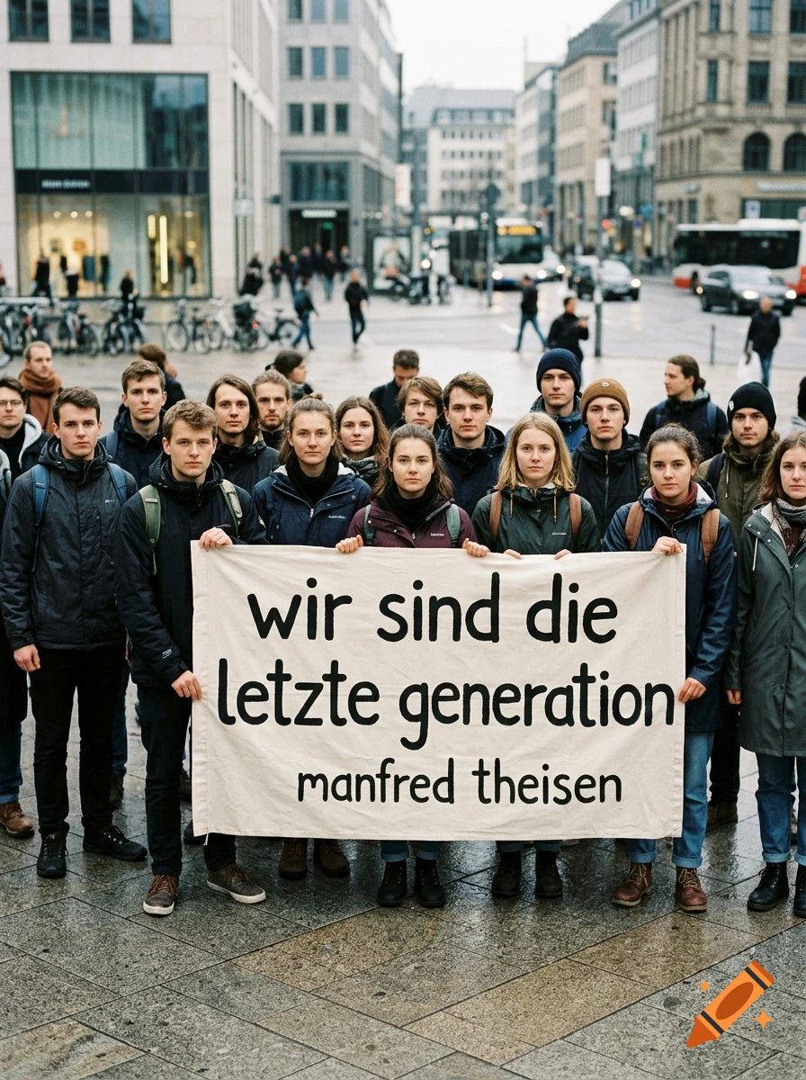 A photorealistic group of people standing in a city square, holding a banner with German text.
