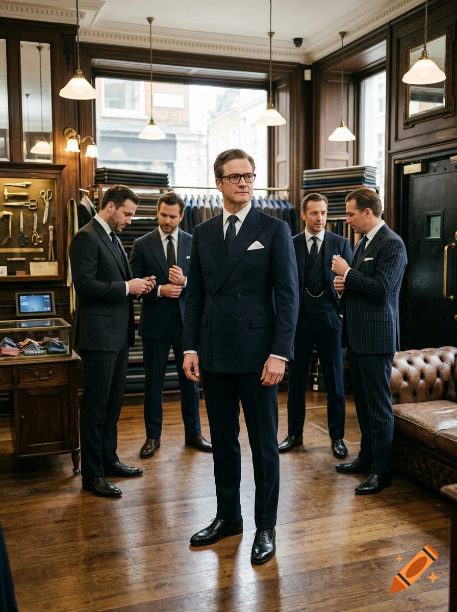 Photorealistic scene of five men in tailored suits standing inside a classic bespoke tailor shop.