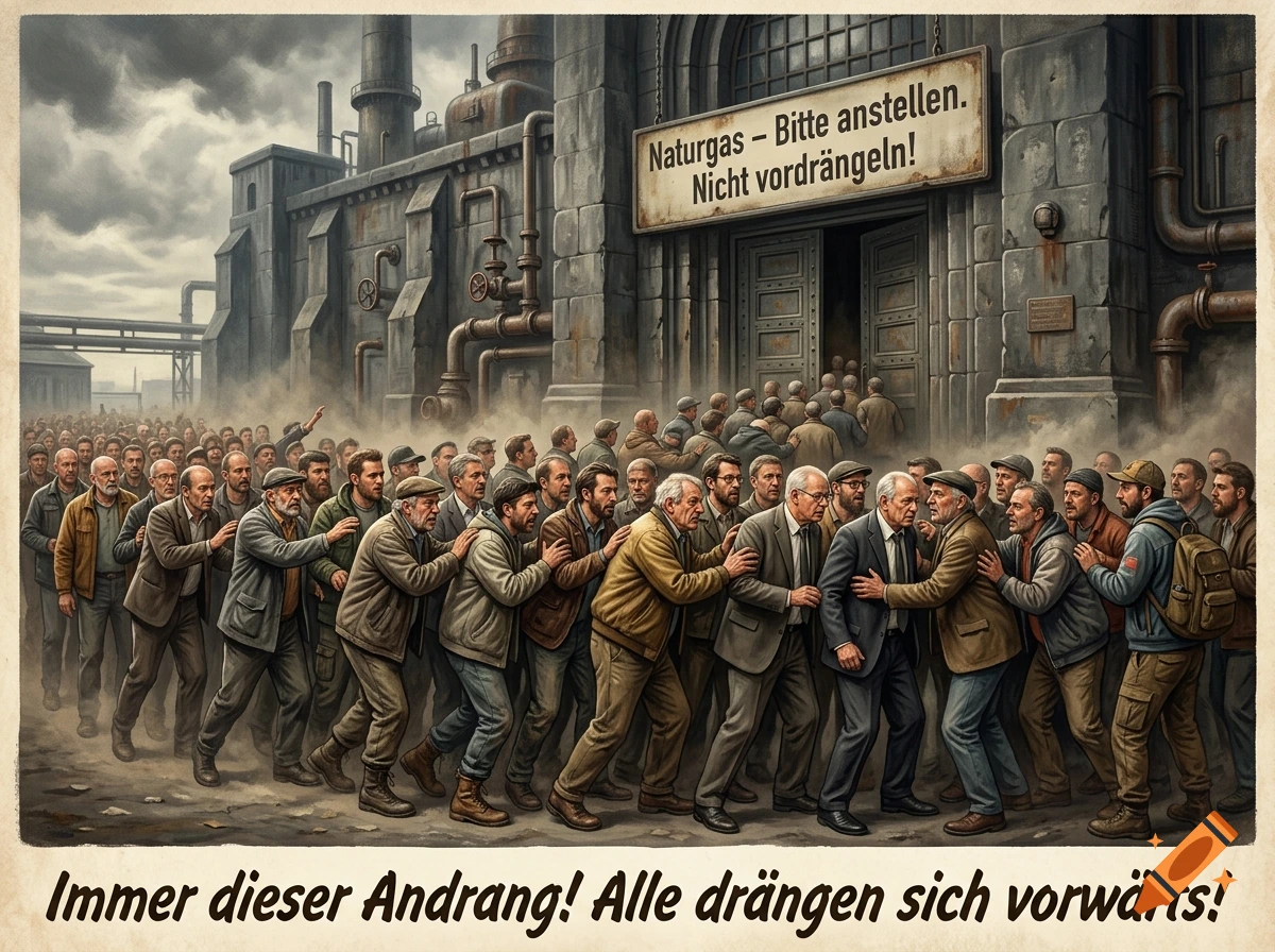 Illustration of a crowd of men pushing and shoving each other in a queue in front of a factory building, with German text.