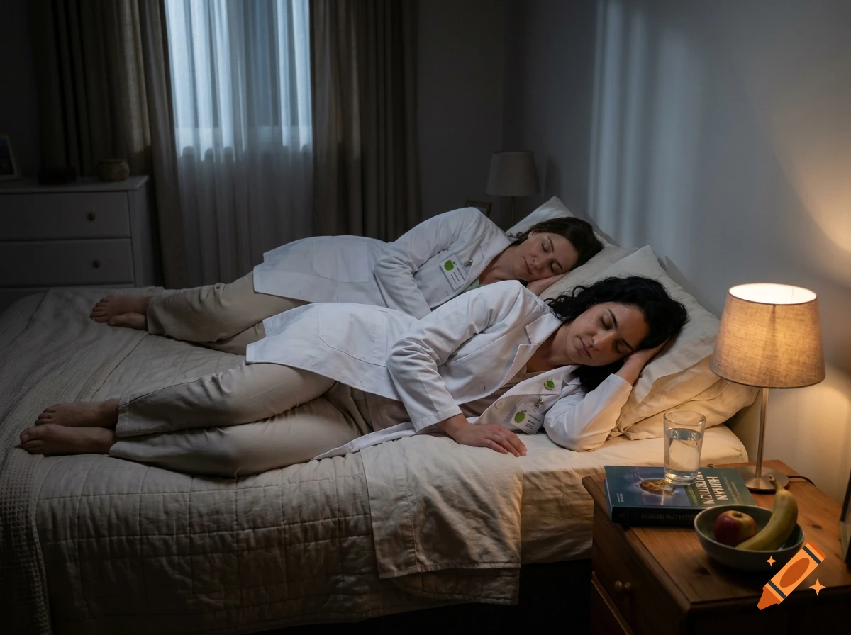 Two women wearing white lab coats sleeping together in a bed at night
