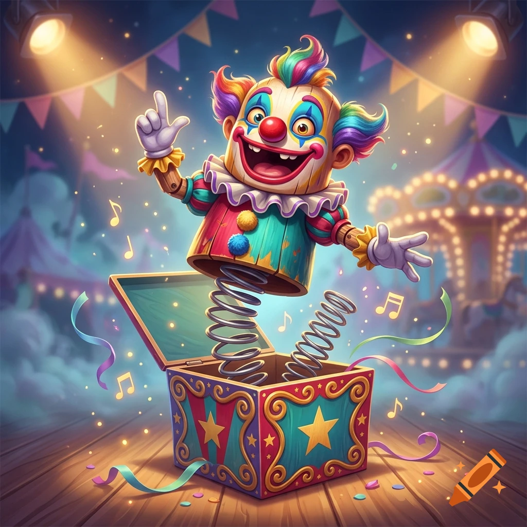 Colorful cartoon jack-in-the-box with a clown puppet having spring legs, emerging from a decorated box on a stage.
