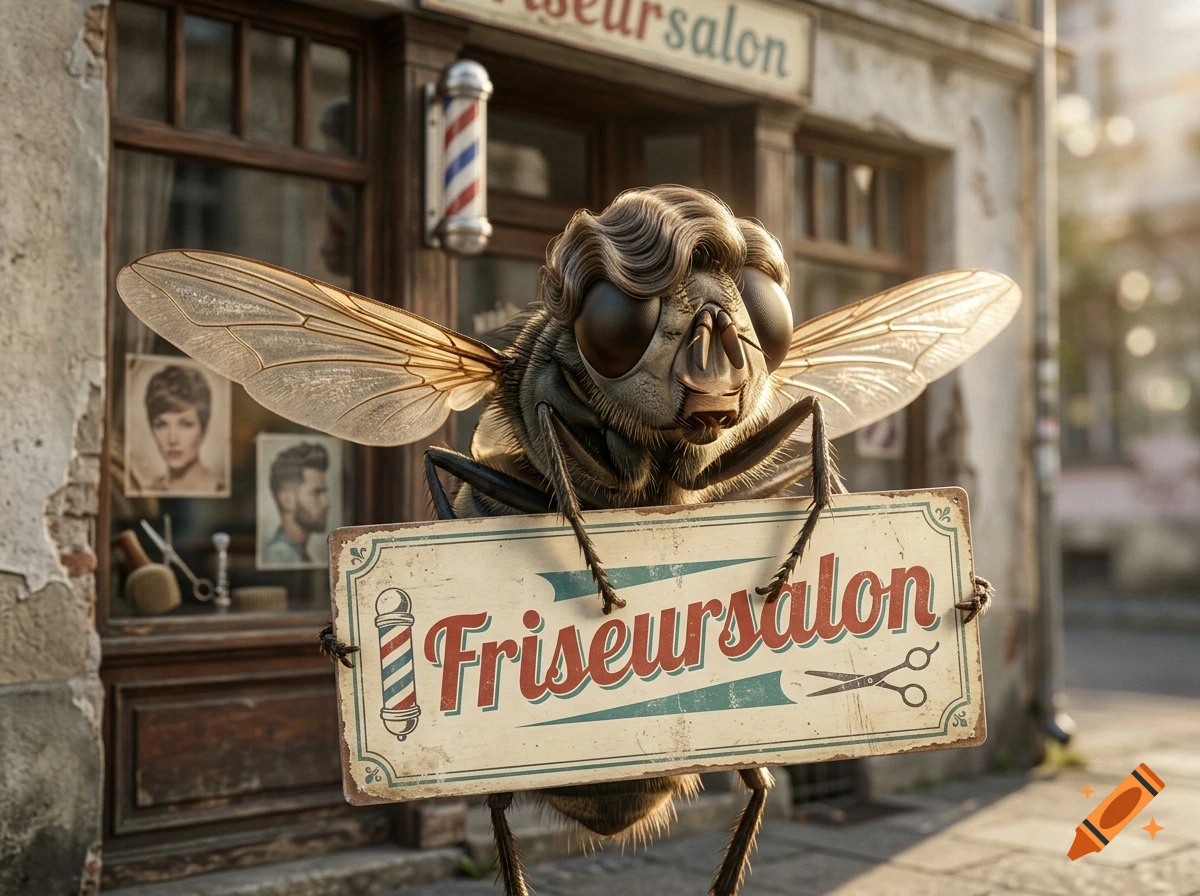 A stylized fly with a permanent wave hairstyle holding a vintage barber shop sign in the street.