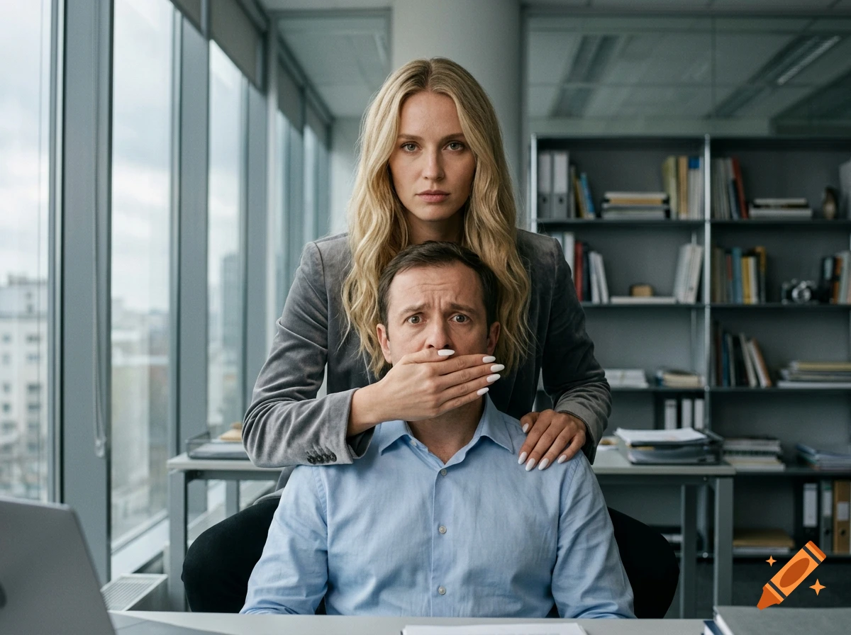 Photorealistic office scene with a blonde woman holding her hand over a worried man's mouth.