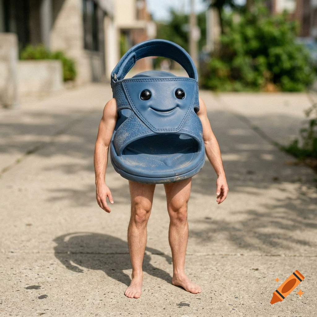 Photorealistic image of a blue sandal with a smiling face, human arms, and human legs standing on a sidewalk.
