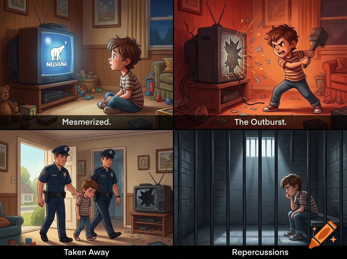 Four-panel comic illustration showing a boy watching TV, breaking it with a hammer, being led away by police, and sitting alone in a jail cell.