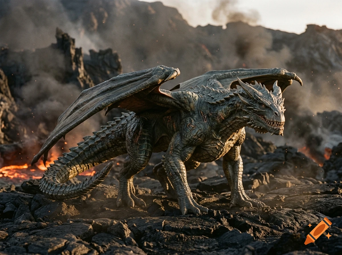 Photorealistic green dragon on all fours standing on rocky volcanic terrain with glowing lava and smoke.