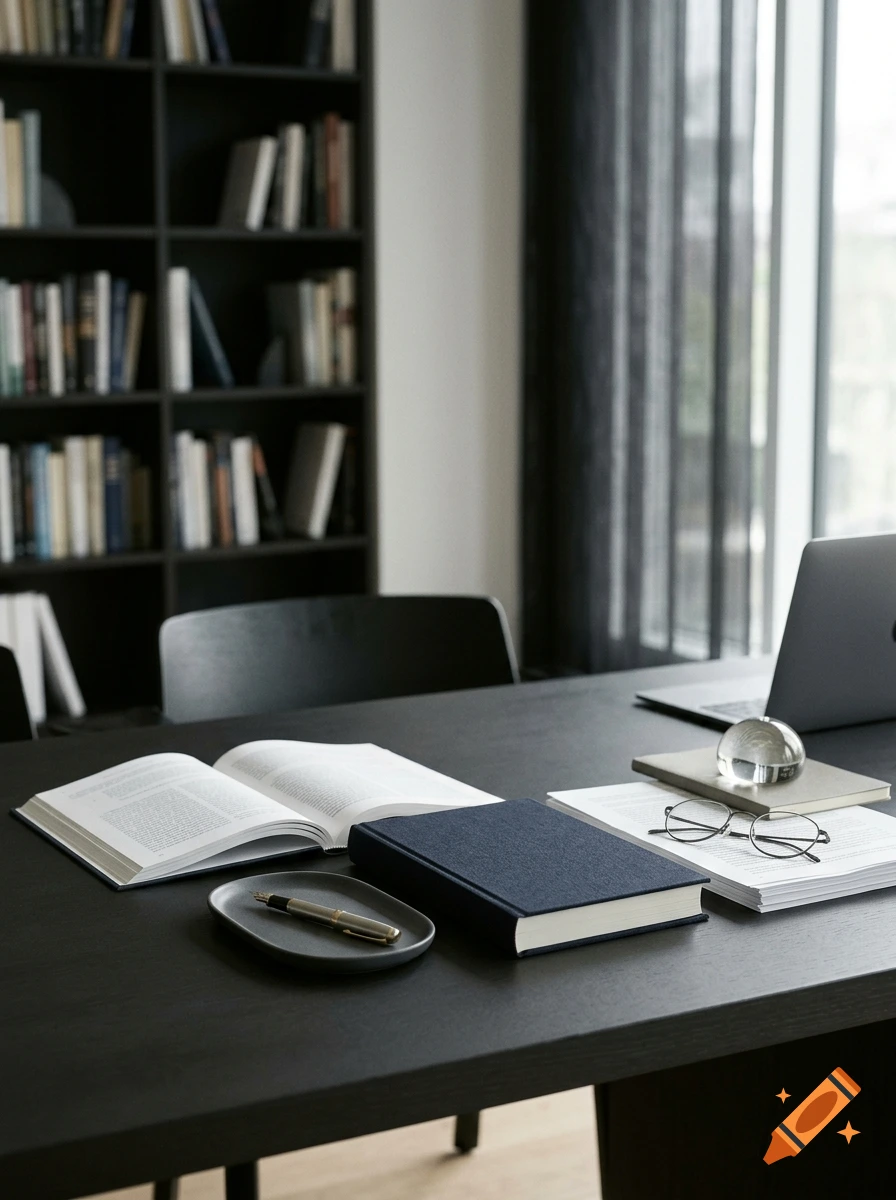 Photorealistic image of a dark wooden desk with open books, a notebook, glasses, a fountain pen, and a laptop, with a bookshelf in the background.