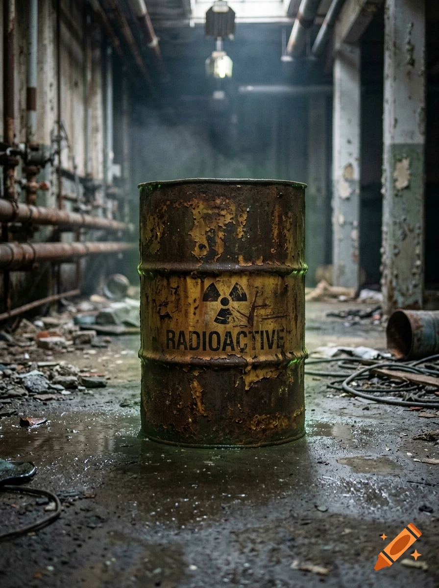 Photorealistic image of a rusty, weathered radioactive barrel in an abandoned industrial warehouse.