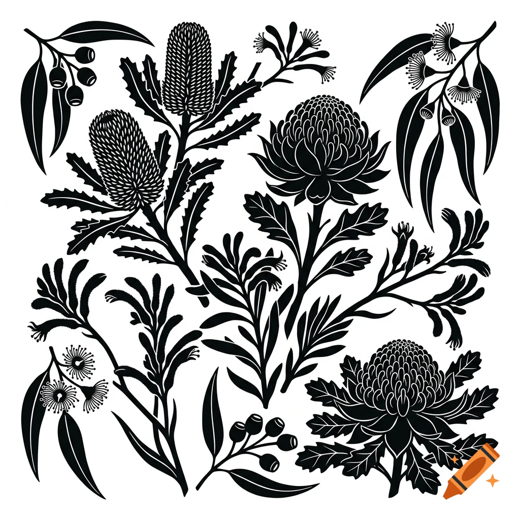 Black and white silhouette design pattern featuring Australian native flowers, leaves, and gum nuts on a white background.