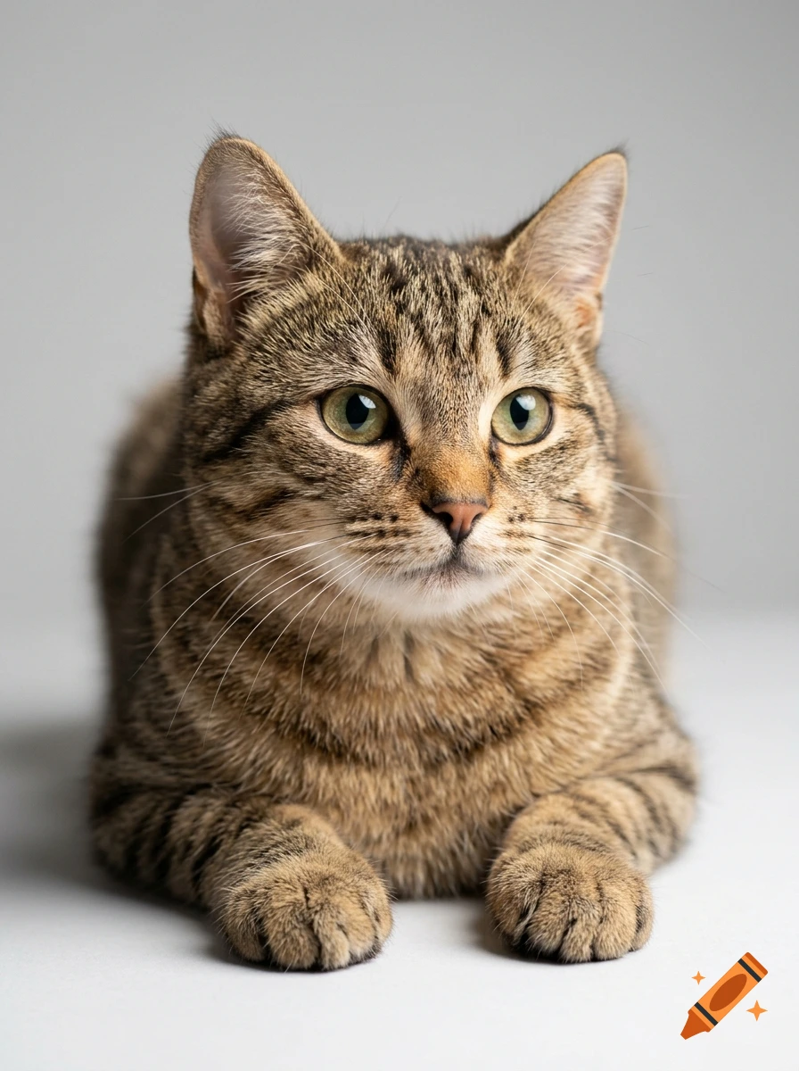 Close-up photorealistic studio portrait of a brown tabby cat lying down and looking towards the camera against a neutral grey background.