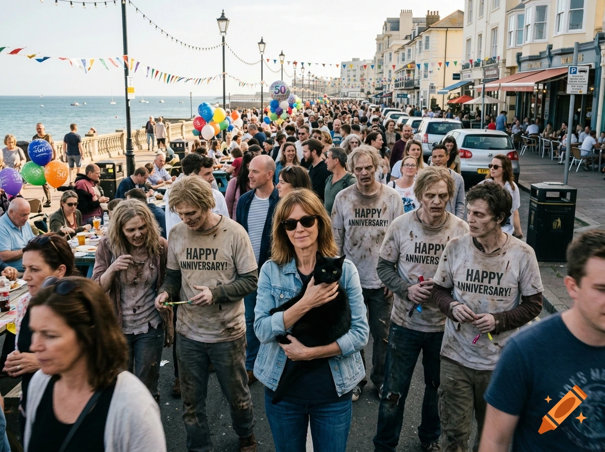 Photorealistic street party scene featuring a woman holding a black cat surrounded by zombies wearing Happy Anniversary shirts.