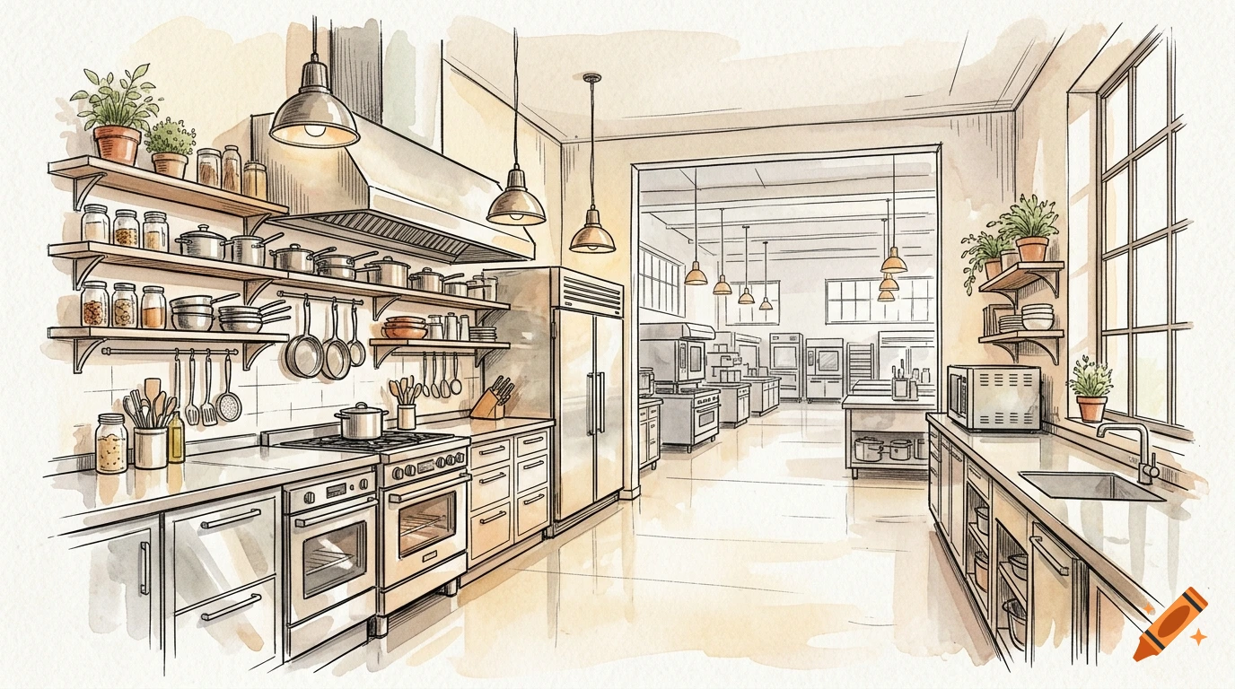 Architectural sketch of a professional restaurant kitchen with watercolor wash, featuring stainless steel appliances and copper cookware.
