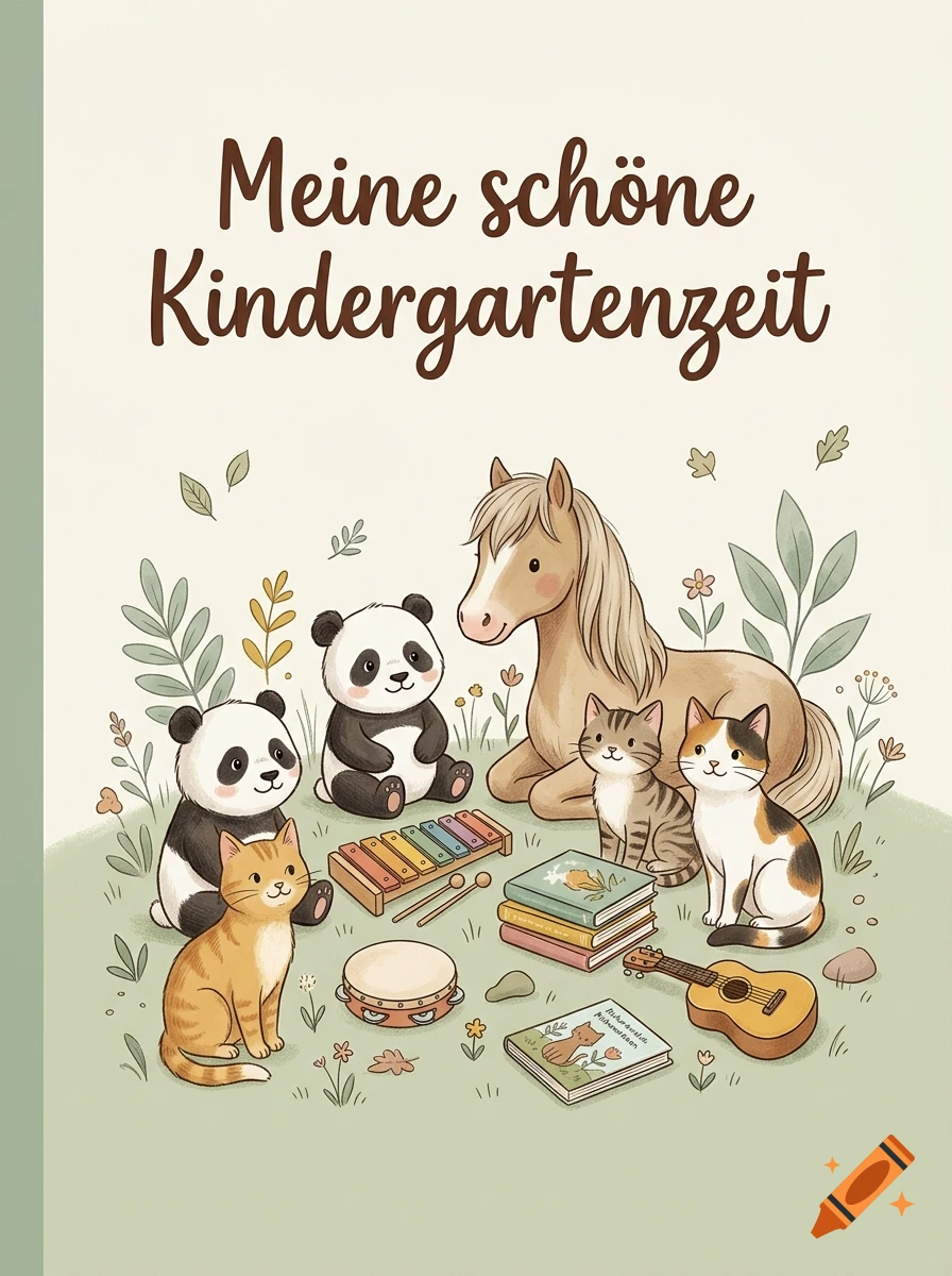 Children's book cover illustration featuring cute pandas, a pony, and cats with musical instruments and books, with German text.
