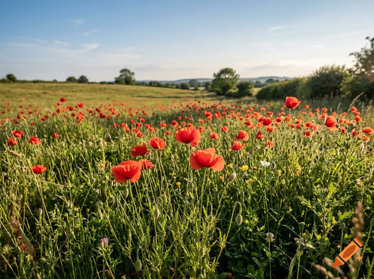 Photorealistic summer meadow filled with vibrant red poppies under a bright blue sky.