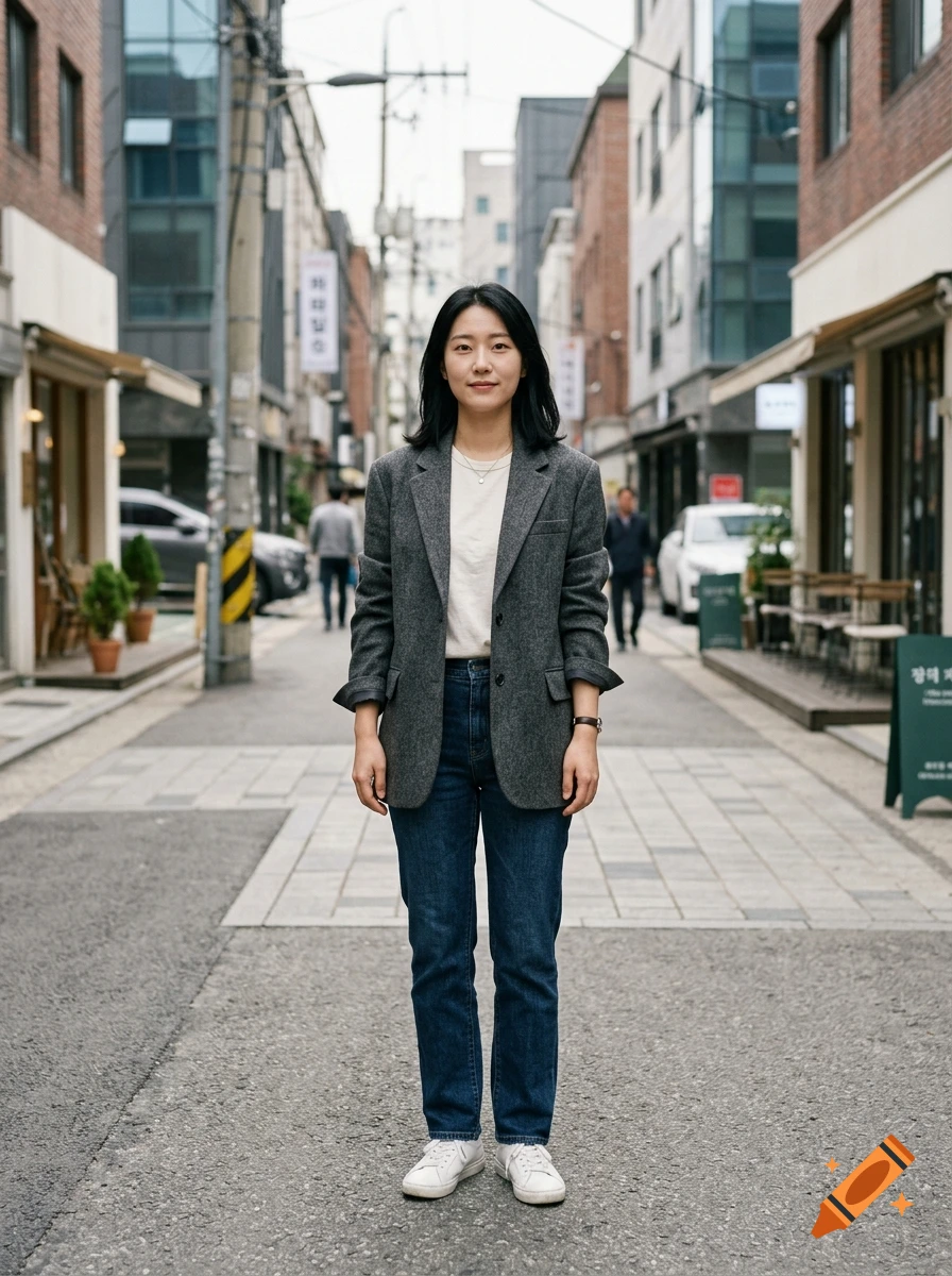 A full-body photograph of a young woman in a grey blazer and jeans standing on a narrow city street.