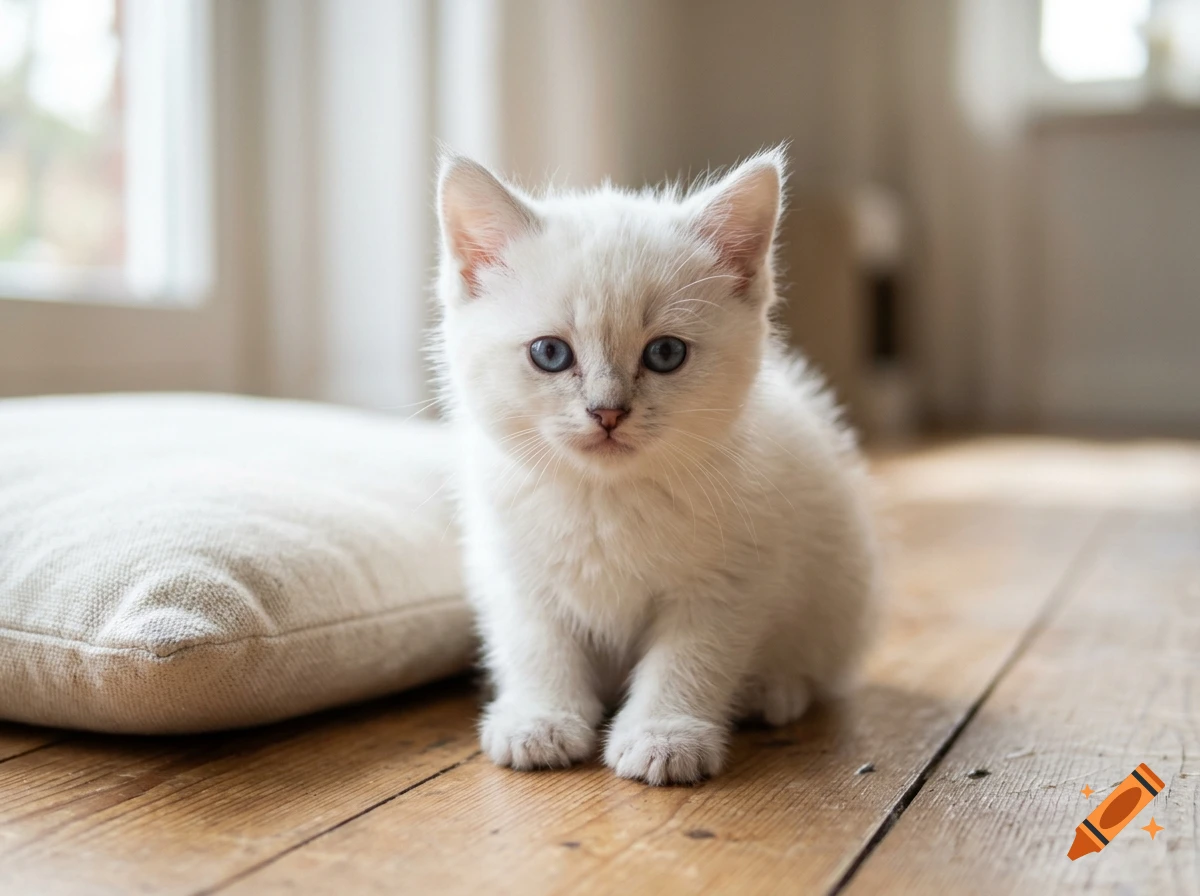 A small white kitten with blue eyes sitting on a wooden floor next to a white pillow, photorealistic.