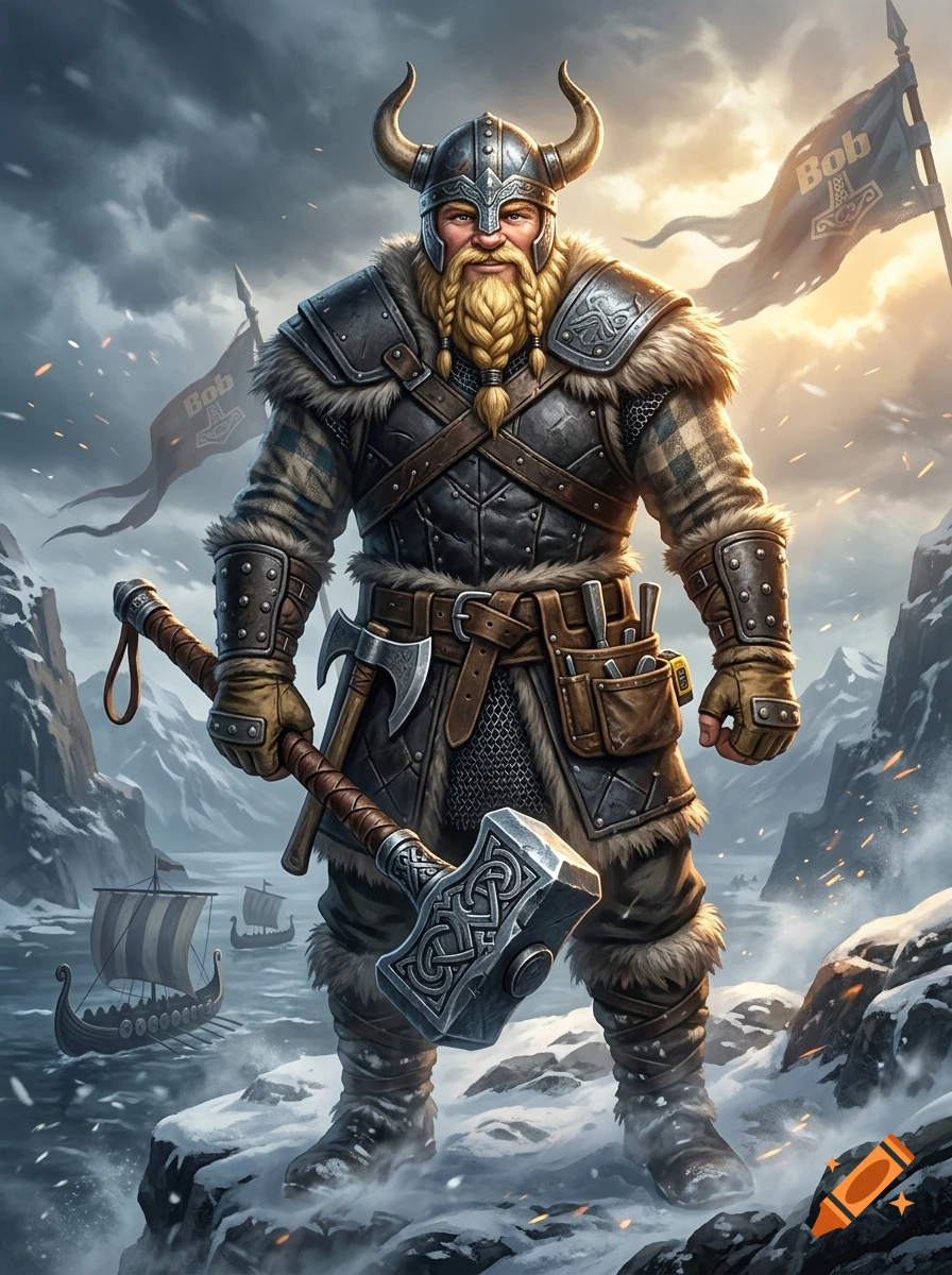 Digital illustration of a dwarven Viking warrior with a braided beard, horned helmet, and large hammer, standing on a snowy mountain with ships below.
