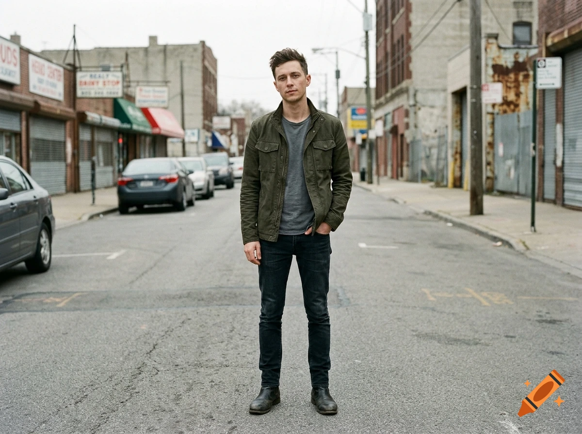 Full-length photorealistic portrait of a young man standing in the middle of a city street, wearing a green utility jacket and jeans.