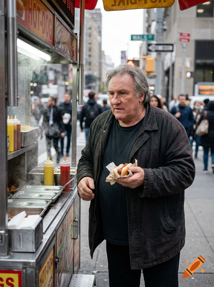 Photorealistic image of a man resembling Gérard Depardieu eating a hot dog next to a street food cart.