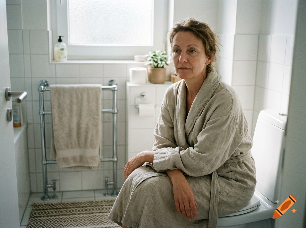 A woman in a beige bathrobe sitting on a toilet in a brightly lit bathroom, photorealistic.