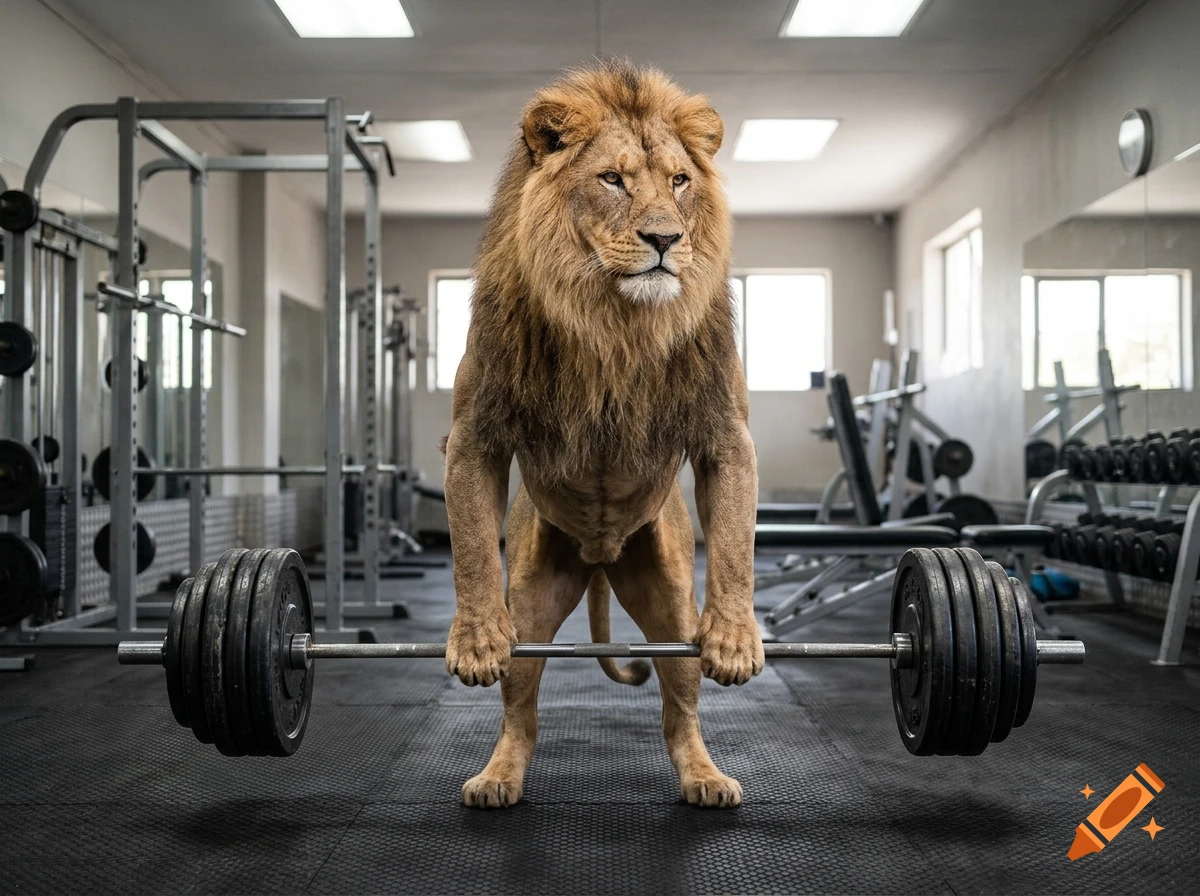 An anthropomorphic lion lifting a heavy barbell in a gym.