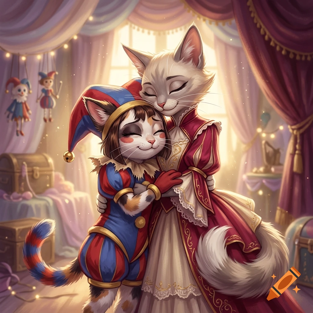 Digital illustration of two anthropomorphic cats hugging in a luxurious room with draped curtains.