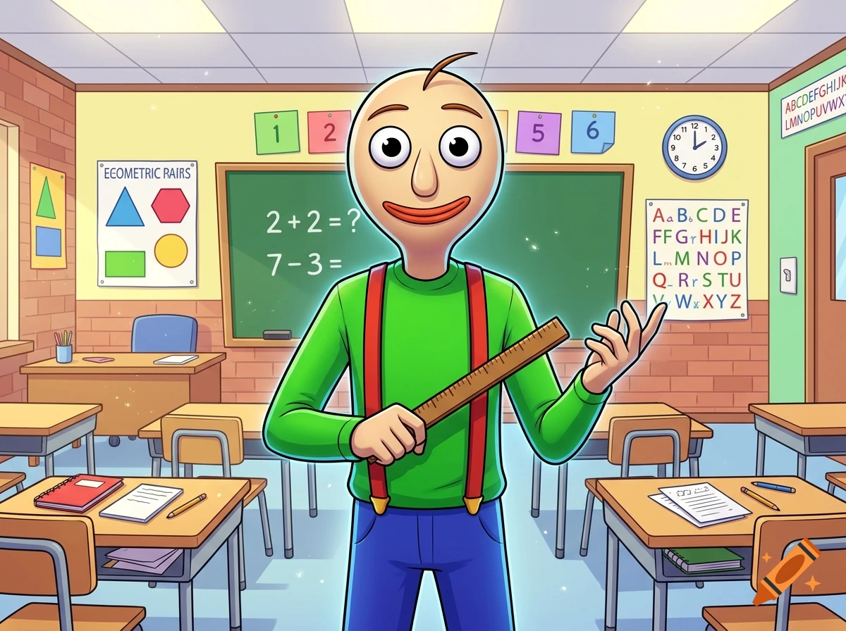 Animated classroom scene featuring Baldi holding a ruler in front of a chalkboard.