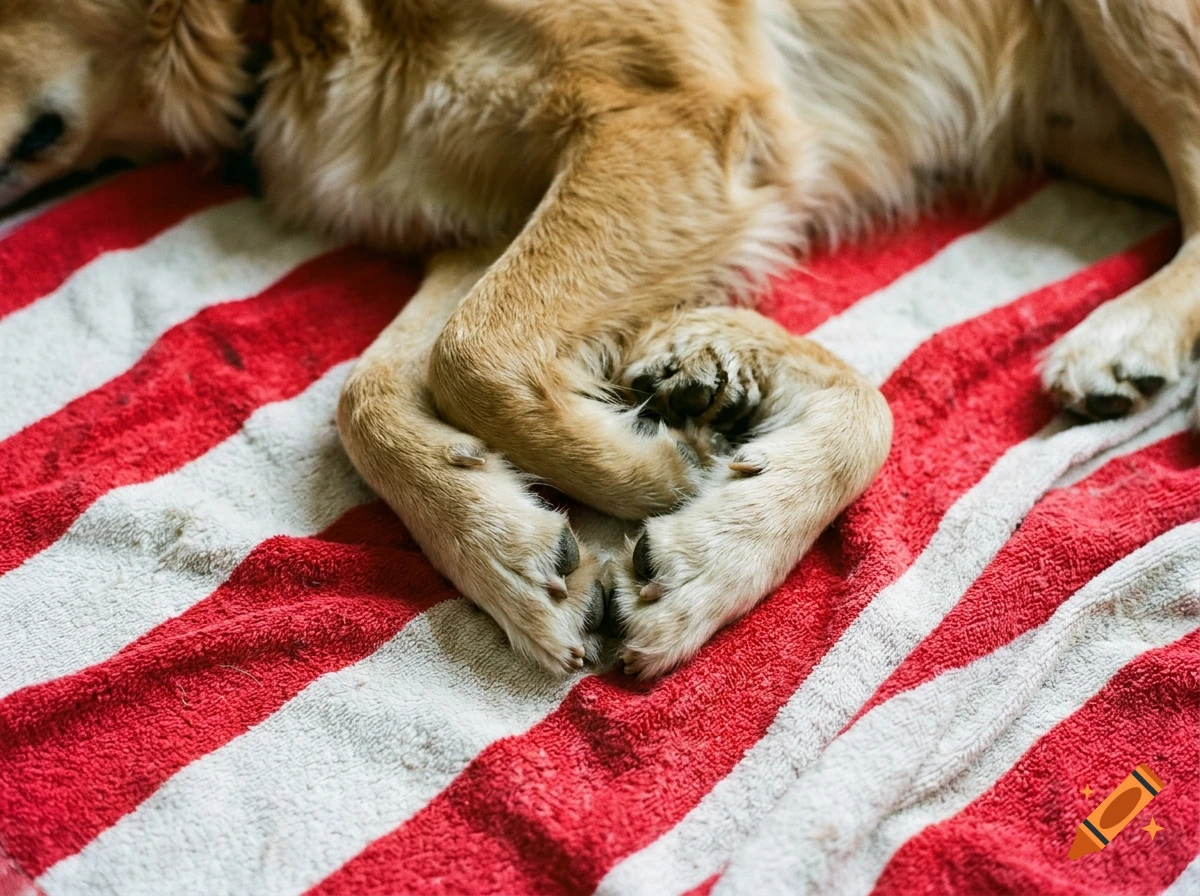 Close-up of a golden dog's paws resting on a red and white striped towel.