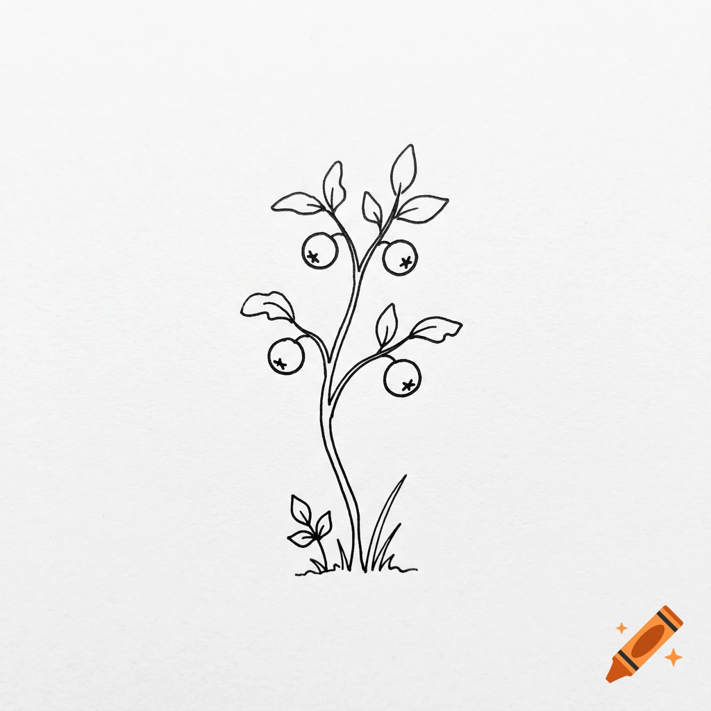Minimalist black line art illustration of a wild blueberry plant with four round berries on white paper.