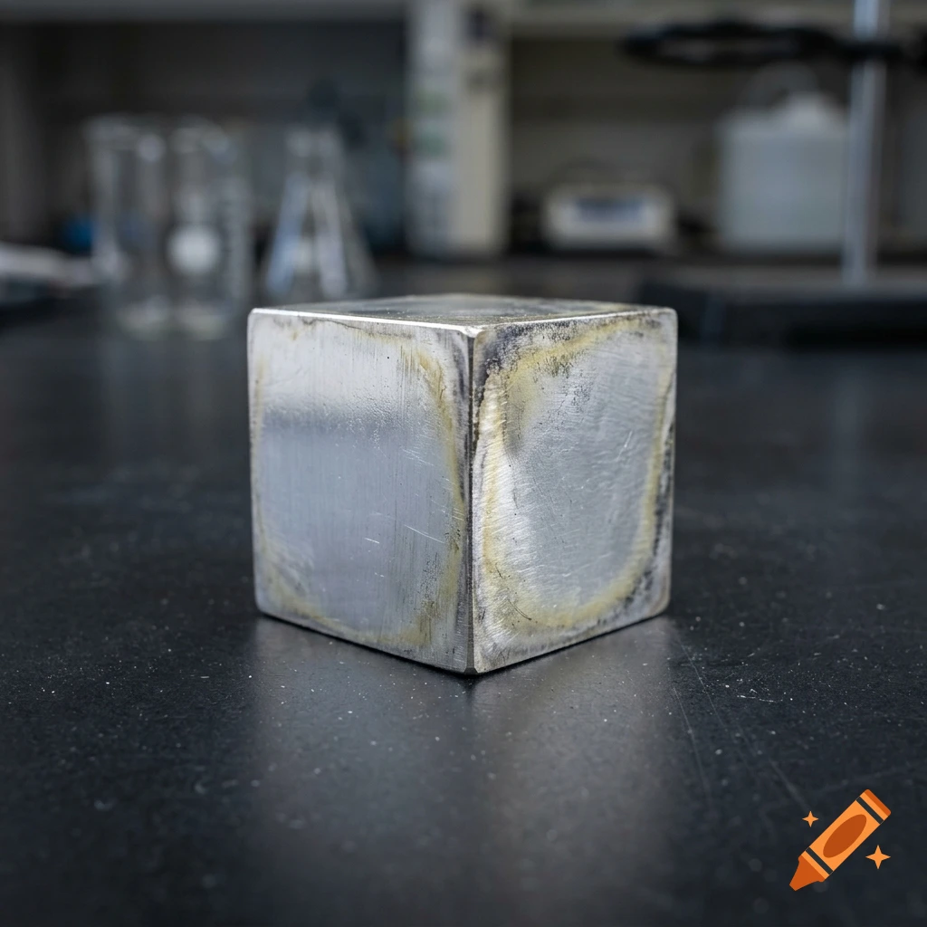 Photorealistic image of a tarnishing silver lithium metal cube on a dark lab table with glassware in the background.