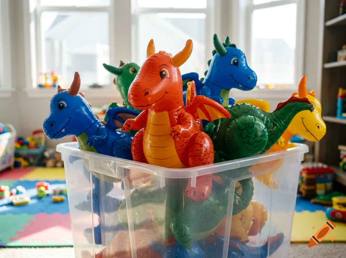 A clear plastic storage bin filled with colorful inflatable dragon toys in a brightly lit room.