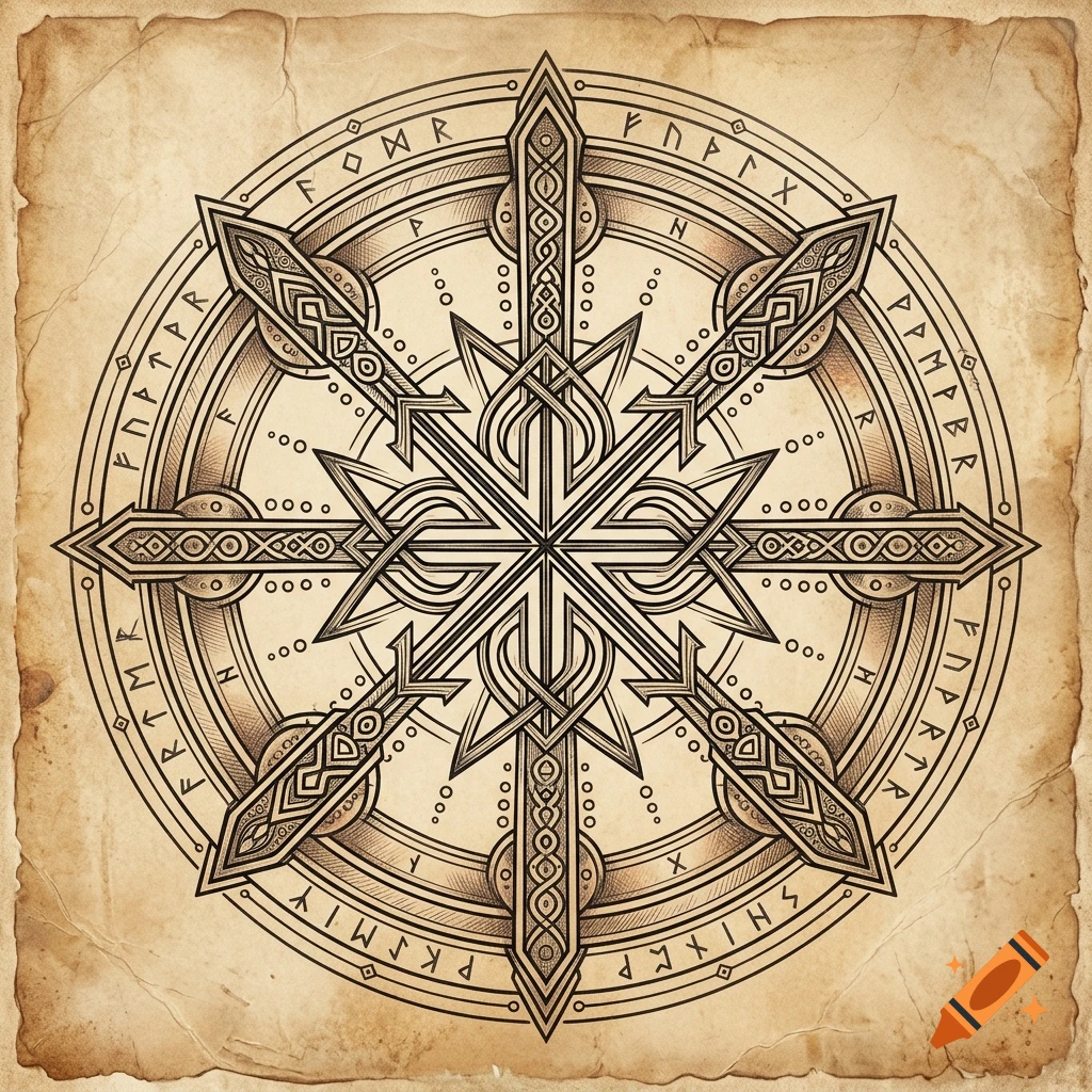 Detailed ink illustration of a complex rune-inscribed compass symbol resembling the Vegvisir on aged parchment.