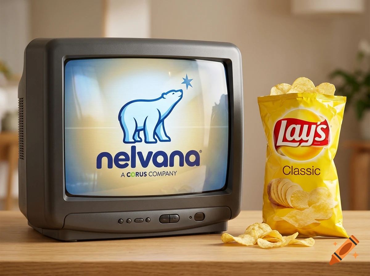 A vintage television displaying a logo alongside an open bag of potato chips on a wooden surface.