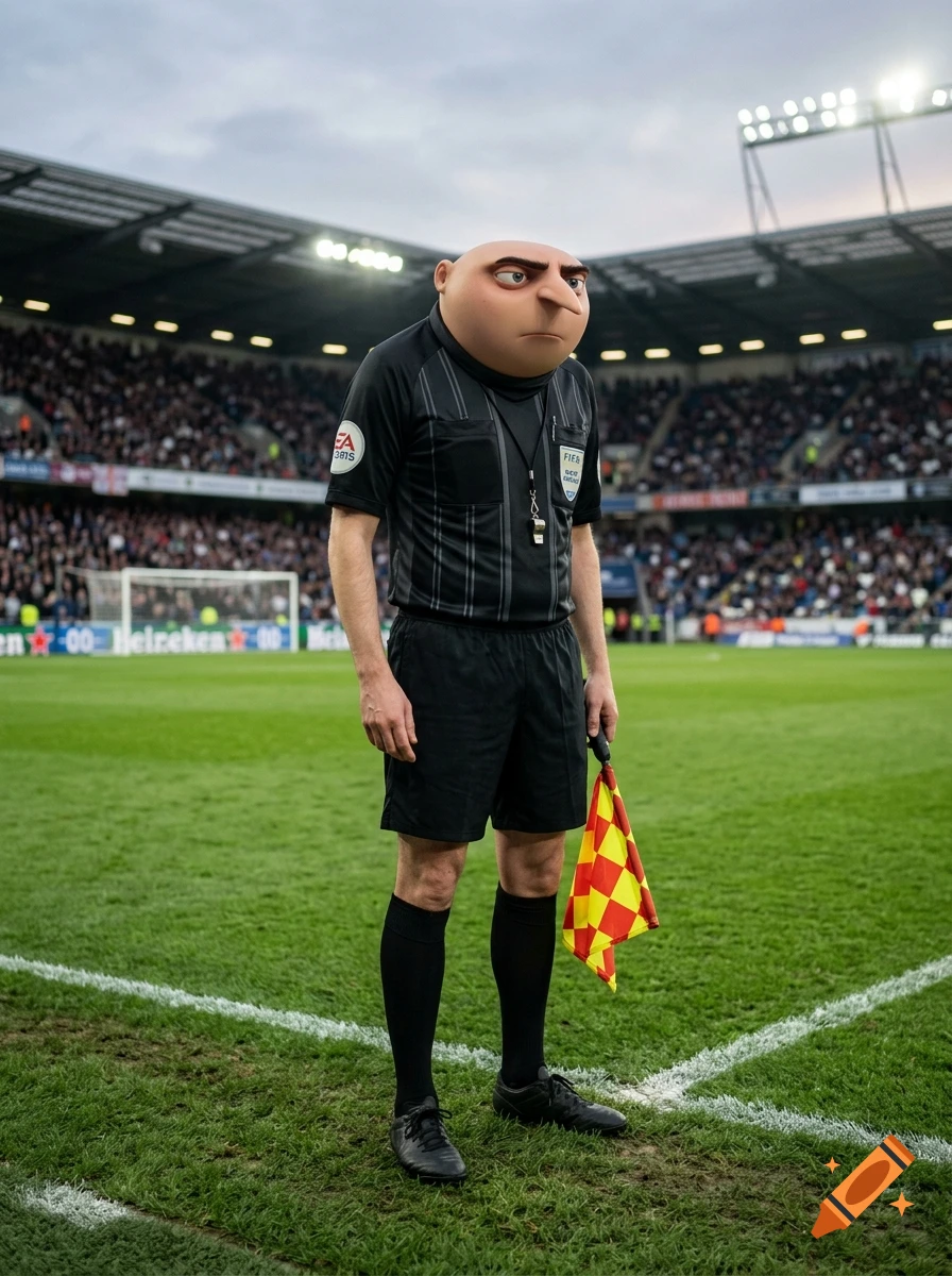 Photorealistic image of Gru from Despicable Me wearing a soccer referee uniform on a football pitch.